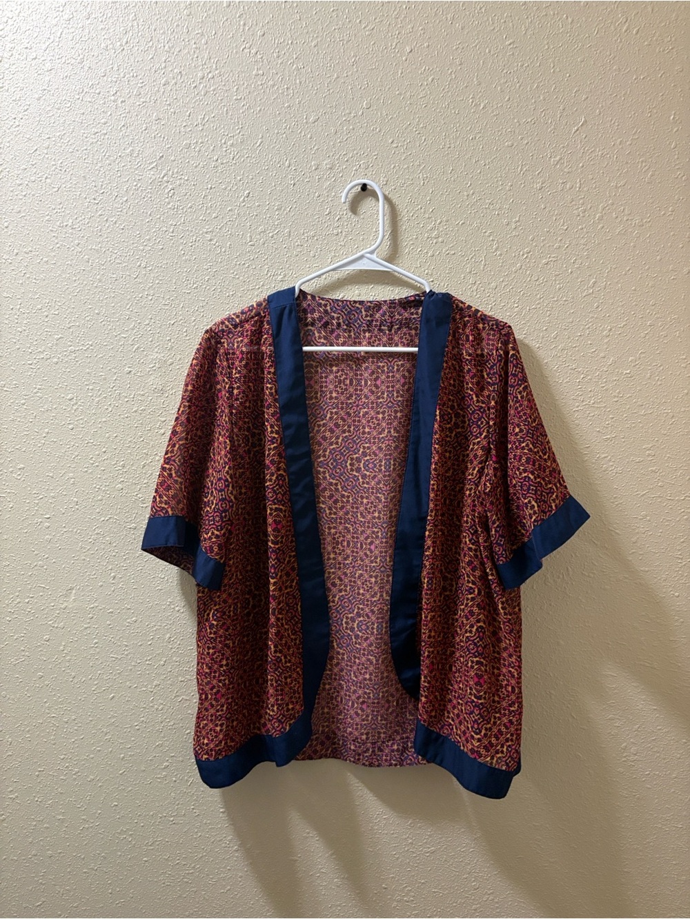 Navy-Trim Burgundy Floral Open Front Kimono Top